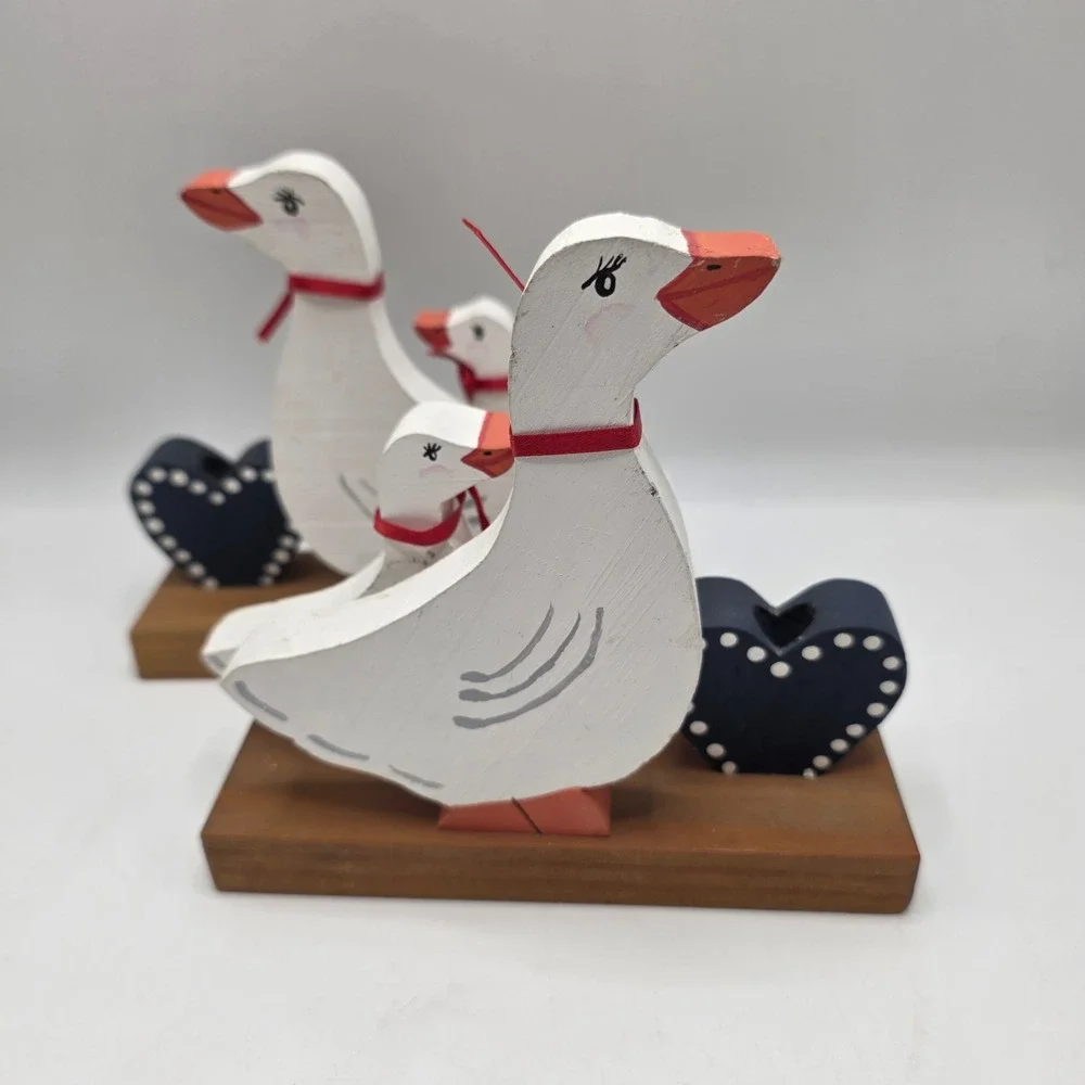 Goose Candle Holders Set of 2 White Blue Heart Wood Folk Art Farmhouse Decor